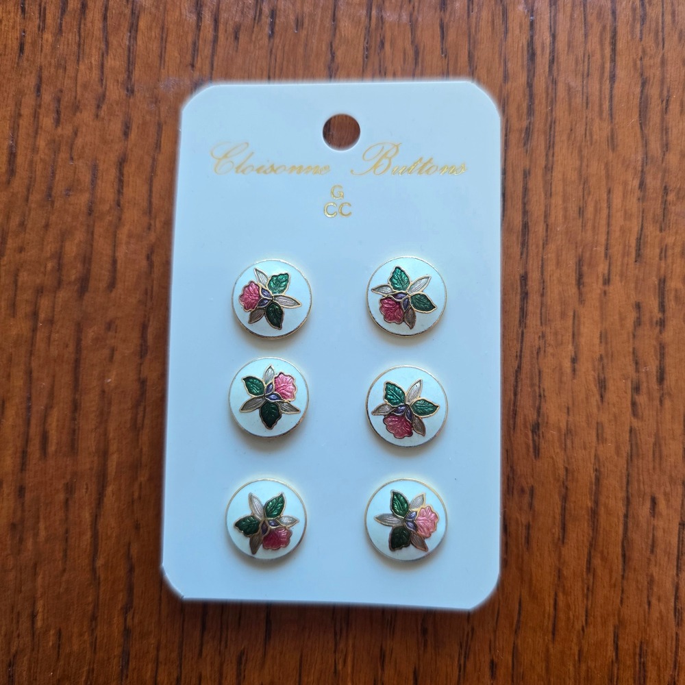 Vintage G CC Cloisonne Floral Enamel Buttons Set of 6 White Pink Green 12.2mm